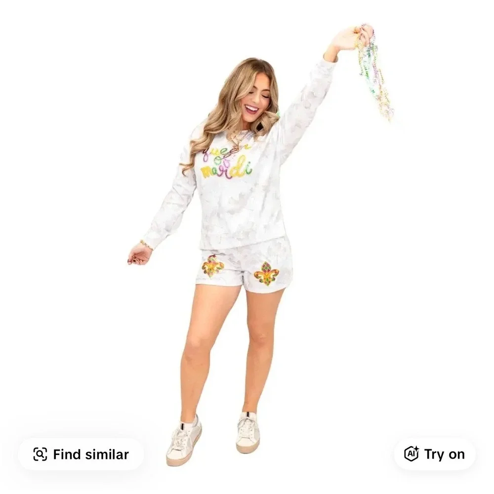 Queen of Mardi Gras Sequin Lounge Set Women Size M White‎ Good Fleur De Lis 2Pc